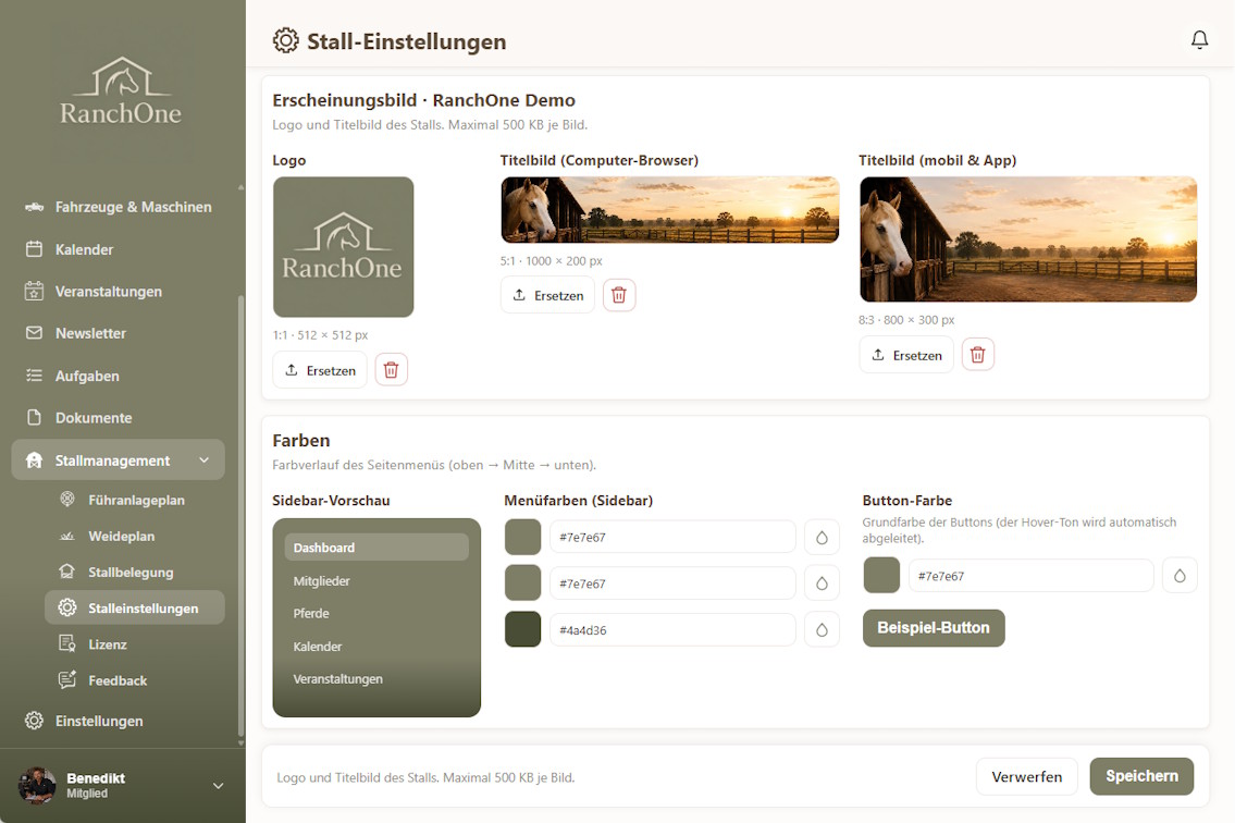 RanchOne Plattform, Sprachen & Branding – Detailansicht